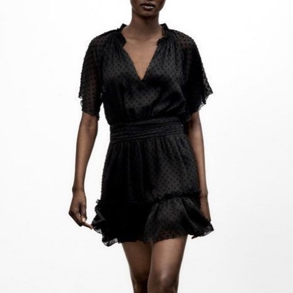 ZARA dotted mesh black v-neck sheet short sleeve mini elegant dress size M - Picture 2 of 9
